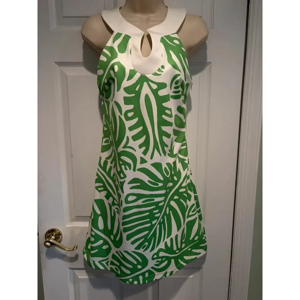 CK‎ Bradley Green Palm Print Halter Dress Size S Tropical Resort Keyhole Coastal